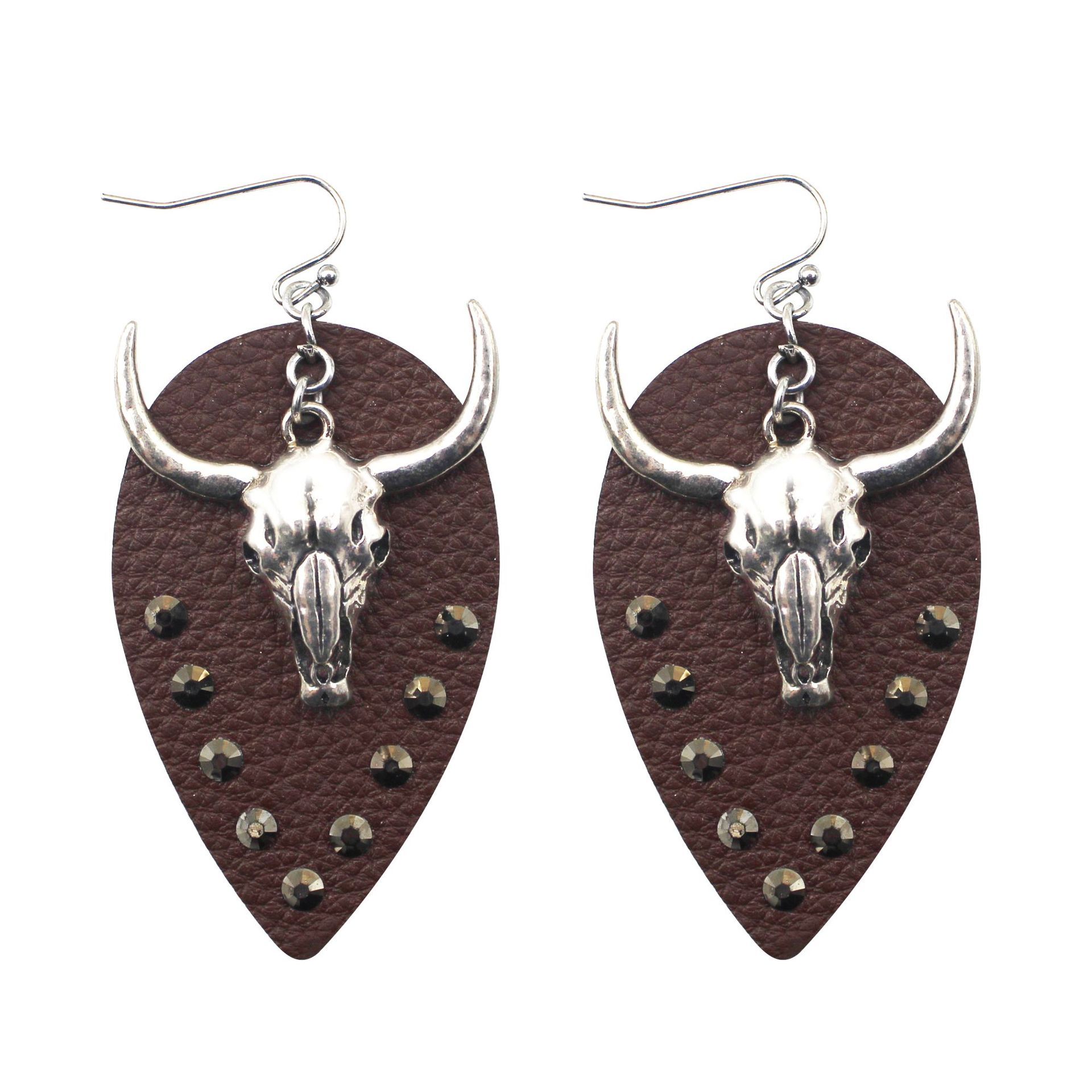 Western Denim Cow Head Leather Earrings Spot Drill Rhinestone European and American Retro Pu Ethnic Style Earrings Cross-Border Exotic