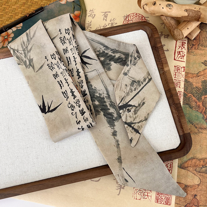 an Ink Painting of Bamboo White Crane New Chinese Style Antique Hair Band Long Silk Scarf Female Hair Accessories Ink Painting Chinese Style Lace Scarf Belt