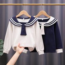 女童打底衫秋装2022新款儿童长袖纯棉海军风t恤中大童学院风上衣6
