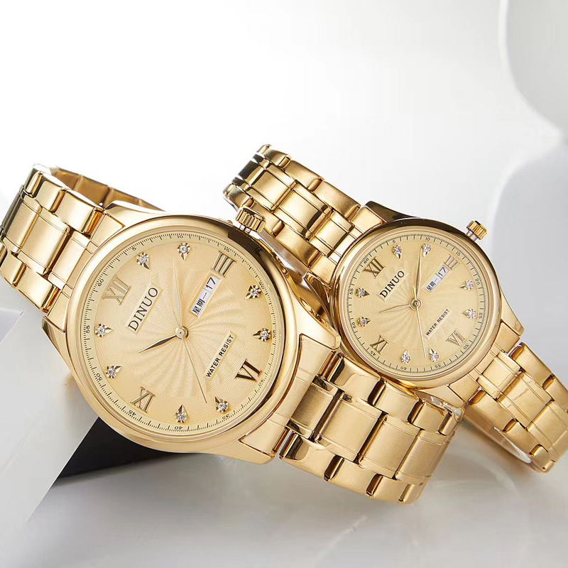 dinuo新款手表跨境钢带谛诺男女士手表双日历石英腕表情侣表8015a