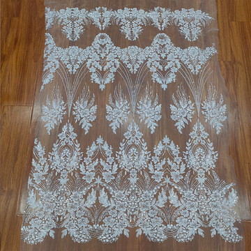 白色网纱刺绣蕾丝布料透明亮片绣花布管珠刺绣叶草形婚纱礼服面料