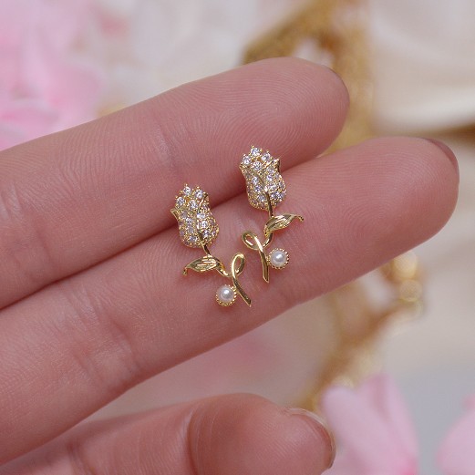 s925 romantic spring and summer full diamond rose small flower simple pearl stud earrings holiday style earrings earrings b420