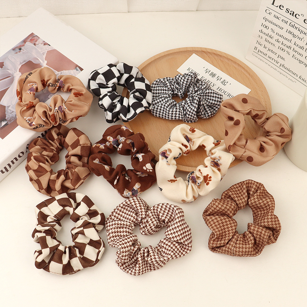 Autumn Winter Retro Artistic Coffee Color Series Plaid Polka Dot Pleated Large Intestine Hair Ring Ponytail Bun Hair Ornament Japanese and Korean