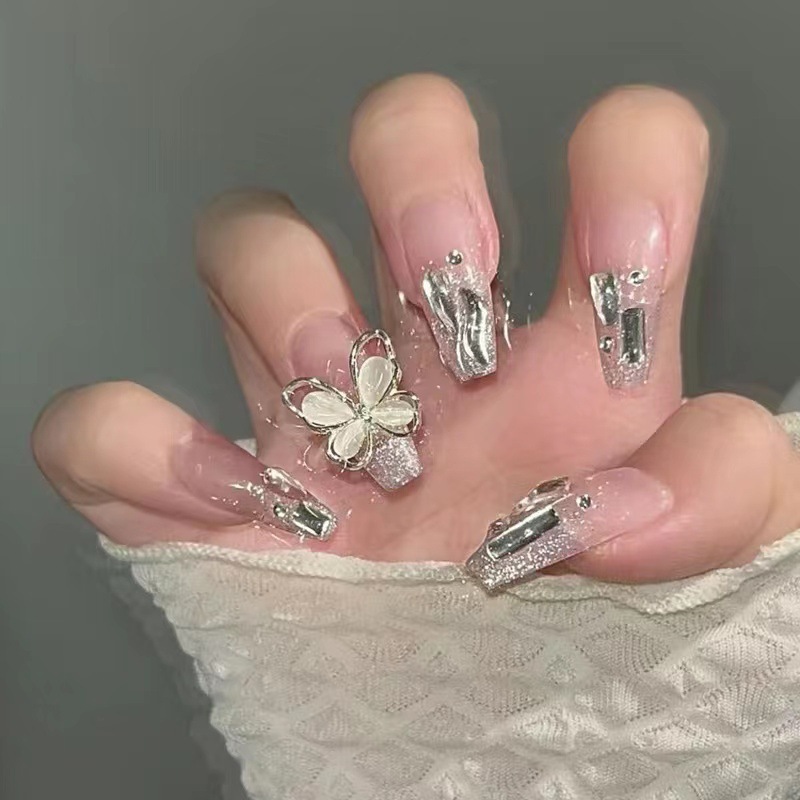 Cat's Eye Big Bowknot Wear Nail Nude Color Full Diamond Fake Nails Advanced Flash Nail Stickers Finished Product Detachable Nail Sticker