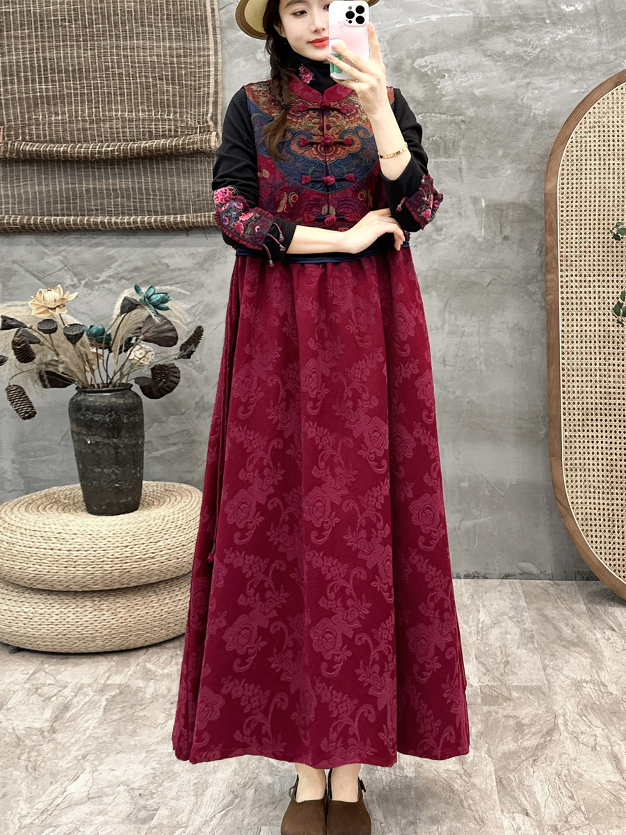 2024春款棉麻提花国风加长款女背心裙刺绣民族风女式无袖连衣裙