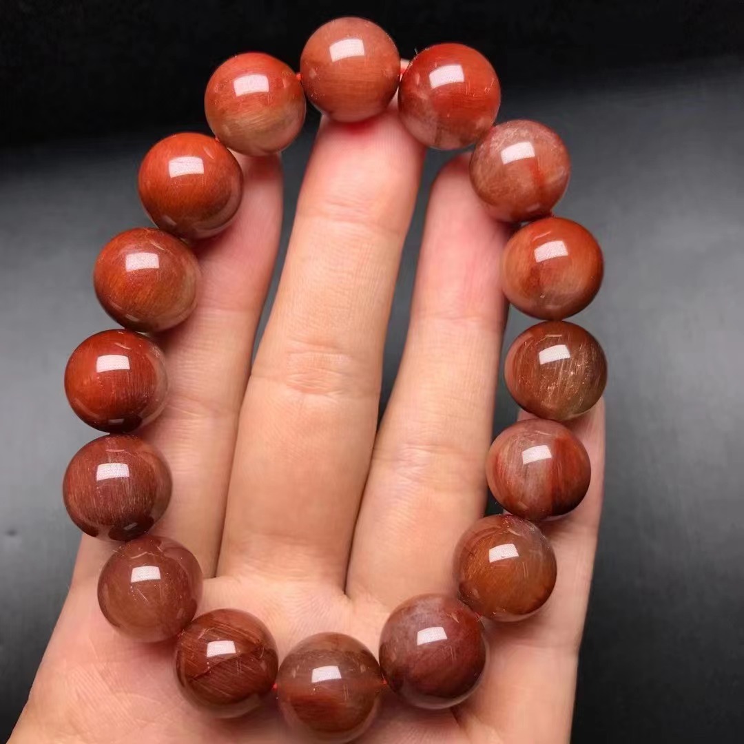 天然红发晶手链男女情侣手串褐红密集顺发满发本命年红水晶彩发晶