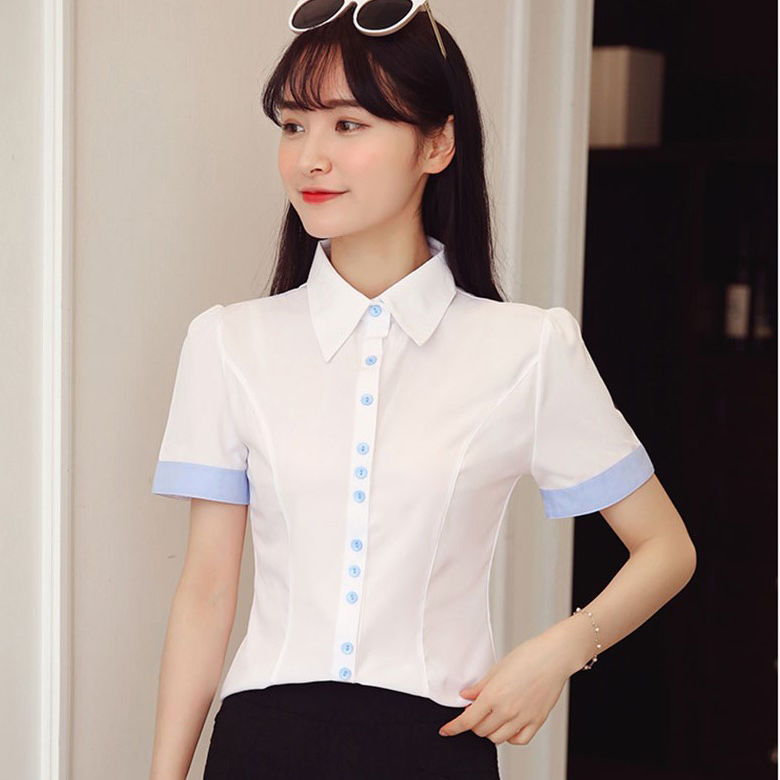 学院风白色衬衫短袖女学生夏天小领收腰上衣半袖修身女生白衬衣