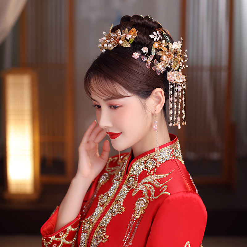 2021新款中式大气造花液头饰唯美花朵手工古装秀禾服盘发新娘发饰