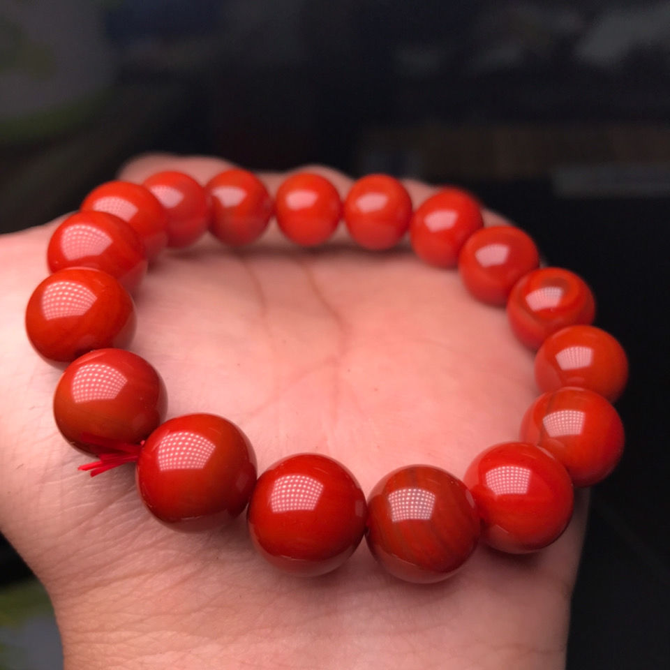 精品南红手串玛瑙手链佛珠天然手工珠火焰纹柿子红满色满肉男女款