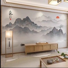 新中式水墨山水画客厅竹木纤维板电视背景墙现代简约集成墙板扣板