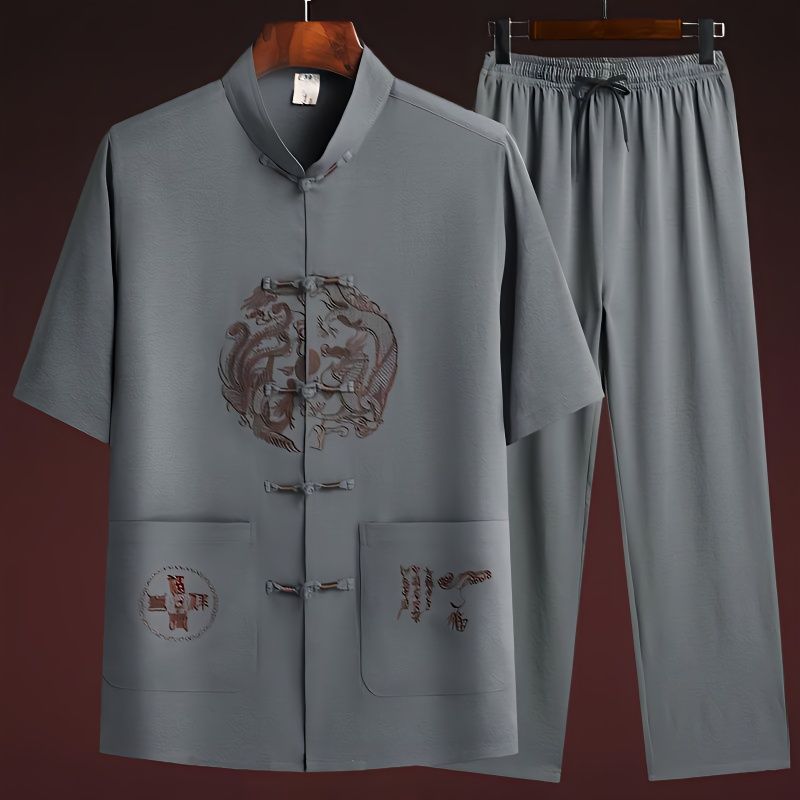 中老年唐装男士四季爸爸装老年人刺绣衣服中国风短袖爷爷棉套装