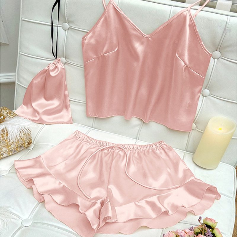 Fashion Ice Silk Pajamas Women's Summer Sexy Camisole Shorts Three-Piece Thin Ladies' Homewear Nightdress