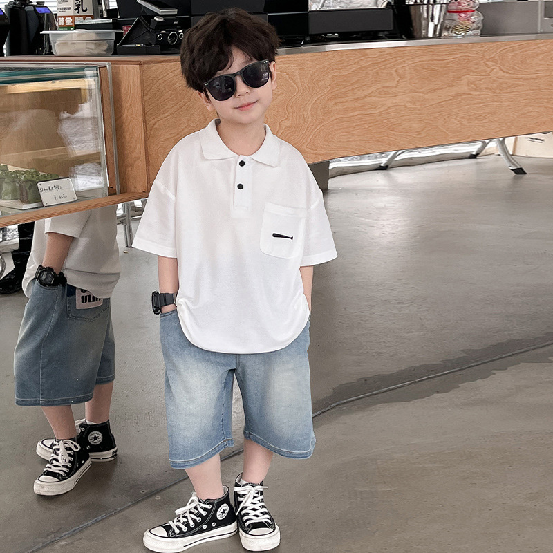 New 2024 Summer boys' polo shirt embroidered fish waistcoat short sleeve casual style summer refreshing handsome top image