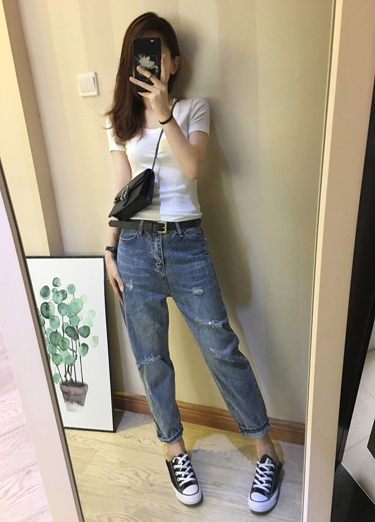 2022早春秋新款直筒破洞休闲显瘦牛仔裤女宽松网红九分高腰破洞潮