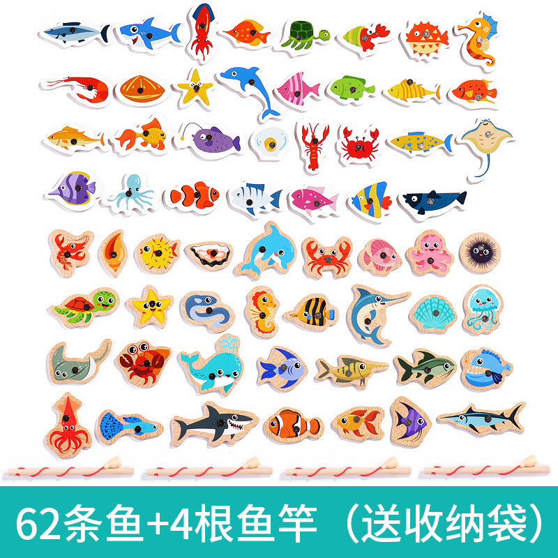 Wooden Barrel Marine Fishing Toys Children's Early Education Educational Cognitive Fun Magnetic Marine Fish Parent-Child Game