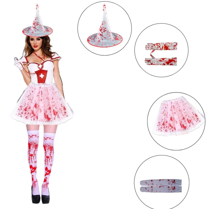 万圣节角色扮演血网纱裙血帽子血手套一整套鬼节cos扮演道具 万圣