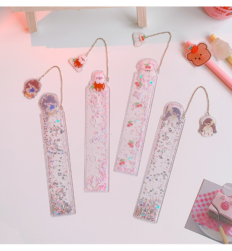 艺蓝可爱流沙尺子创意少女心入油直尺学生学习绘图文具书签刻度尺