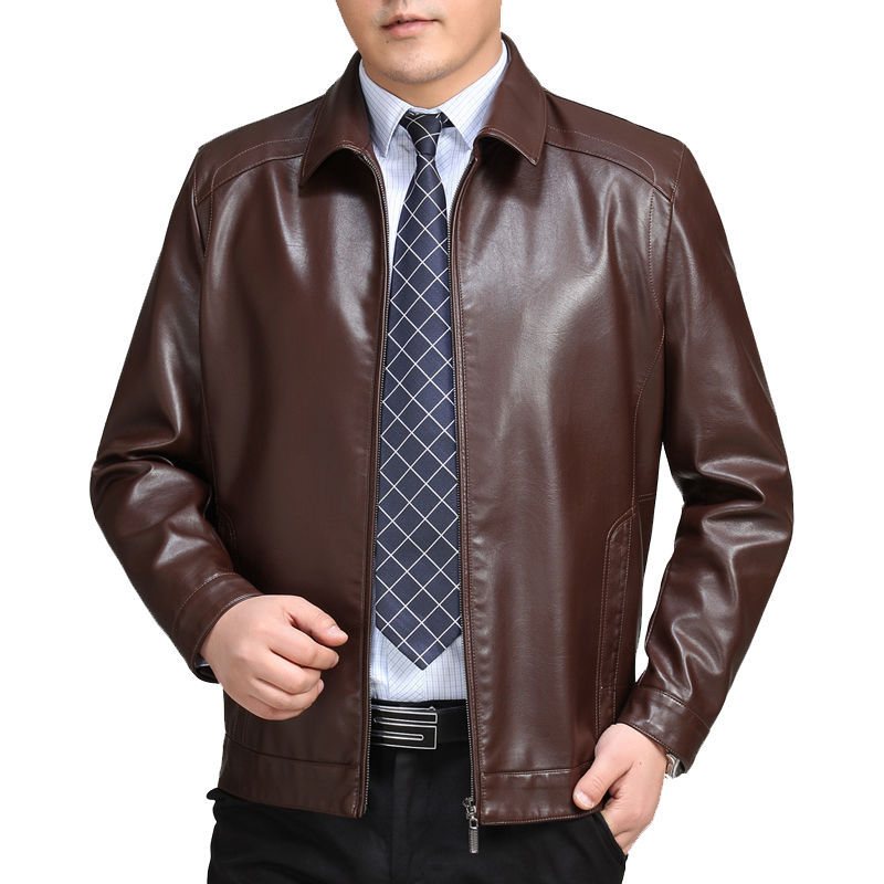 Haining First Layer Goat Skin Genuine Leather Clothes Men's Middle-Aged and Old Father Clothes Thin Leather Jacket Lapel Spring and Autumn Coat Tide