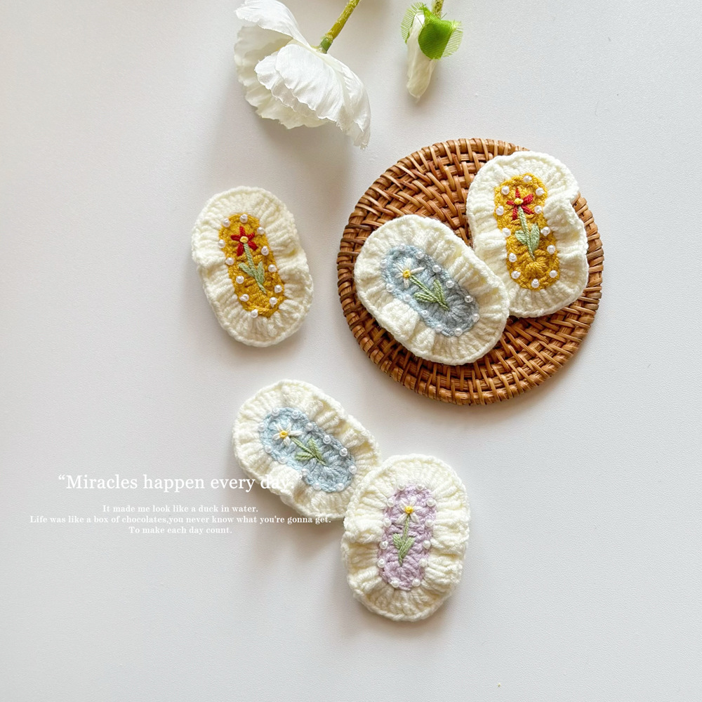 小清新手工毛线钩织发夹成品刺绣花朵少女发卡侧边夹线缝珍珠发饰