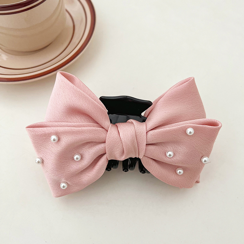 French Pearl Satin Clip Double-Layer Medium Black Bow Barrettes Shark Clip High-Grade Hair Accessories Grip