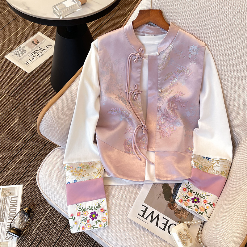 new chinese style light national style vest women‘s spring and autumn outer wear short retro chinese knot button embroidery pink vest top two-piece set