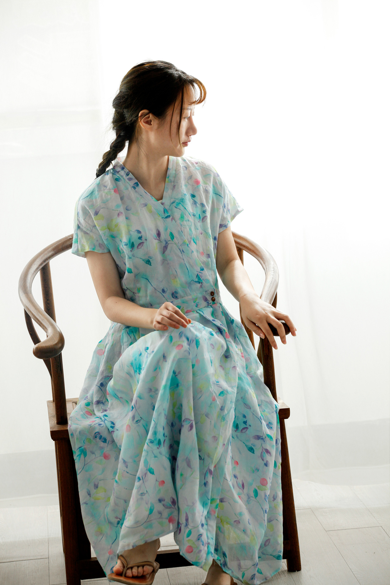 有山棉麻双层苎麻连衣裙女夏季中长款仙女裙麻料印花裙子201226