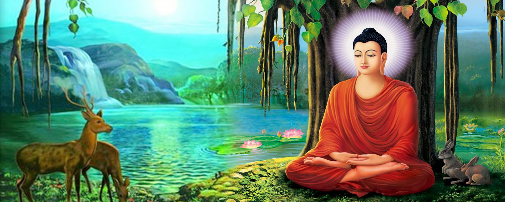 菩提树下释迦摩尼如来佛祖湖边麋鹿兔子风景印花十字绣-阿里巴巴