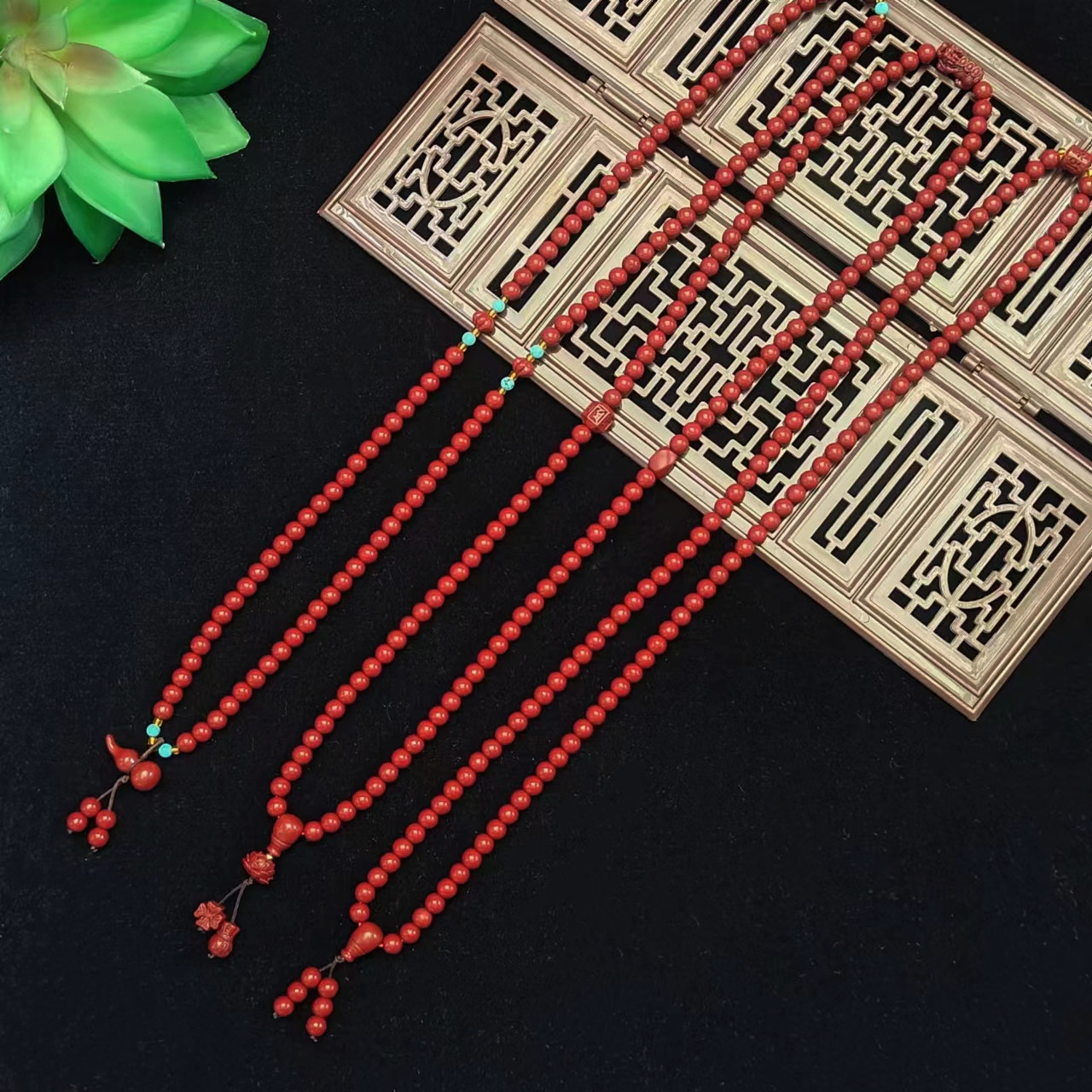 厂家批发朱砂女士四圈手链葫芦(福禄)吊坠108颗佛珠民族风饰品