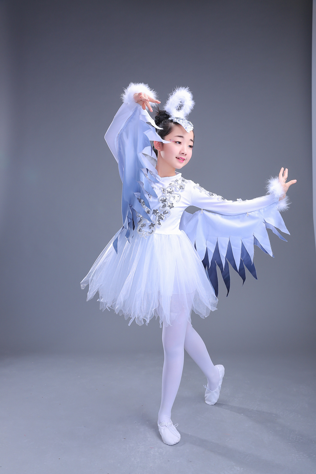 儿童动物表演服孔雀舞蹈服装小鸡小鸟舞蹈演出服女童小白翎舞蹈服