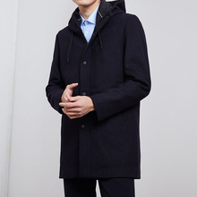 品牌剪标冬季男士净色连帽拉链门襟休闲中长款加厚毛呢大衣D4R032