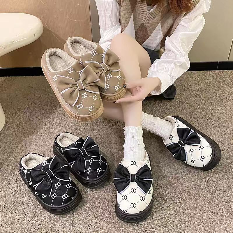 2023 New Women's Winter Thick-Soled Cotton Slippers Home Indoor Girl Fleece-lined Warm Feeling of Shit Bowknot Princess