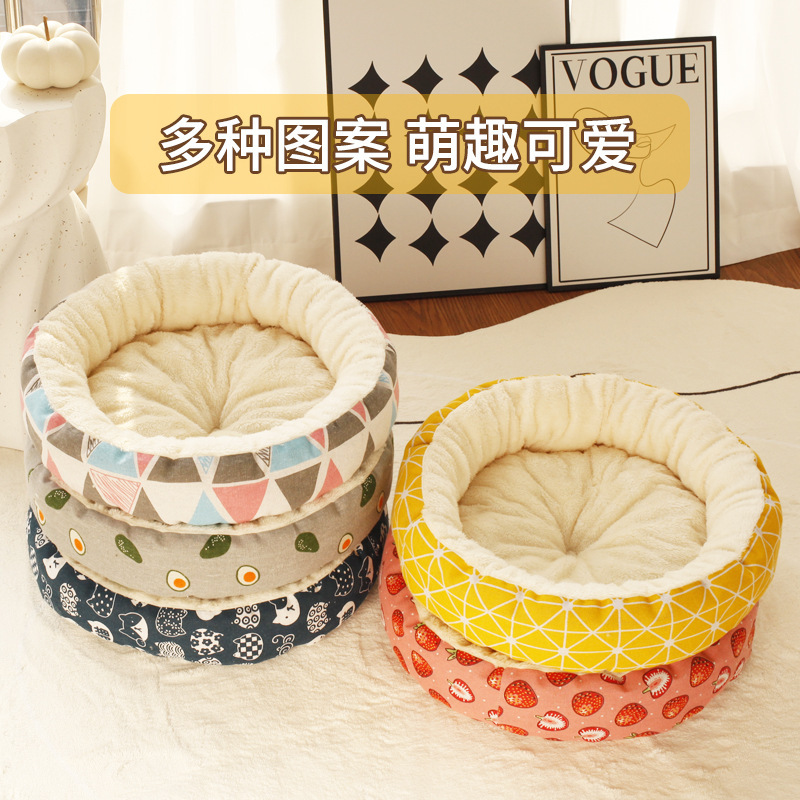 批发宠物保暖小猫猫窝冬季用品棉麻圆窝印花易打理猫咪窝厂家发货