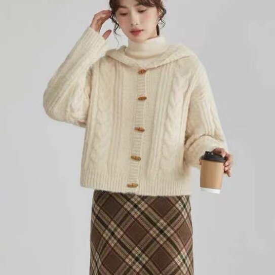 跨境连帽毛衣开衫外套女2024秋冬新款穿搭高级感气质优雅针织上衣