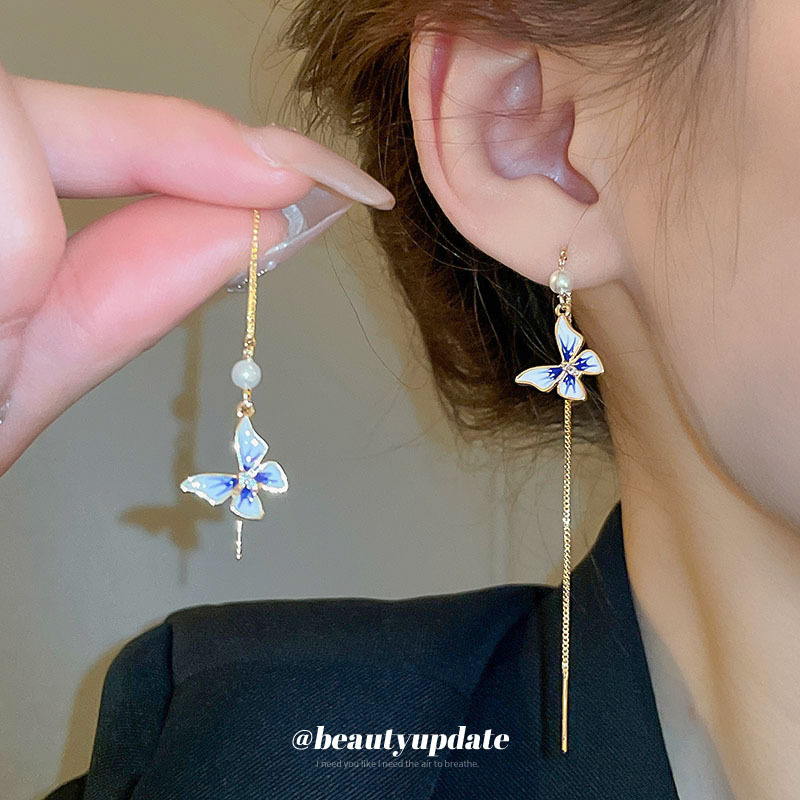 银针滴油蝴蝶锆石珍珠耳线简约高级感百搭耳环小众时尚新款耳饰女