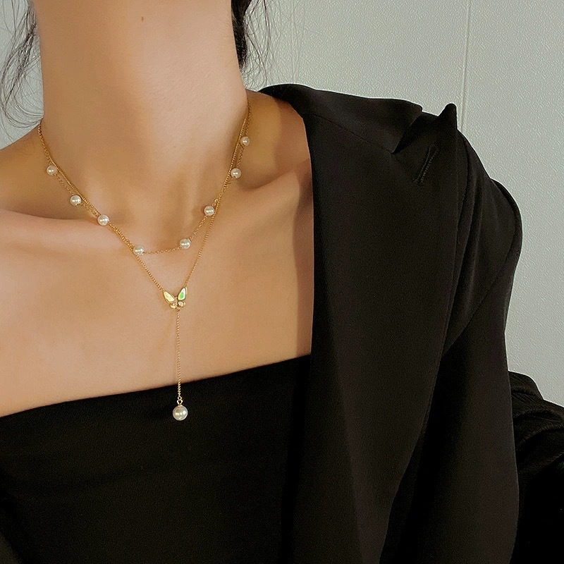 Cross-Border Wholesale New Pearl Butterfly Necklace Niche Tassel Double Layer Twin Clavicle Chain Female Advanced Design Necklace