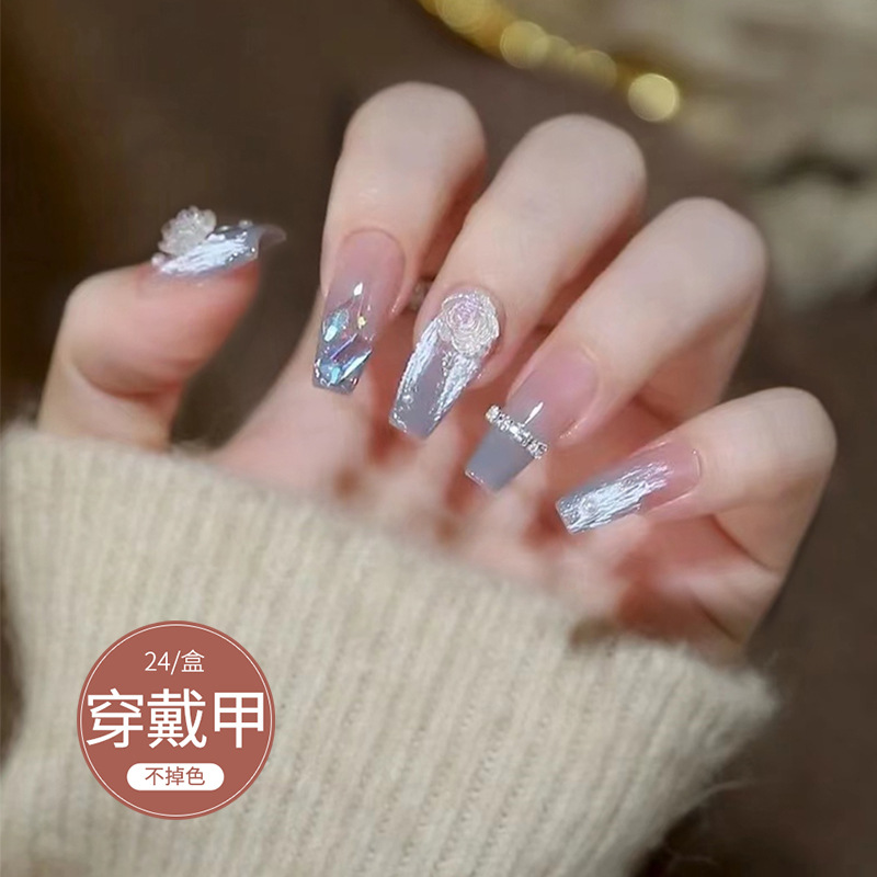 d105穿戴甲中长款批发蓝色山茶花手工穿戴美甲贴片甲片显白指甲贴
