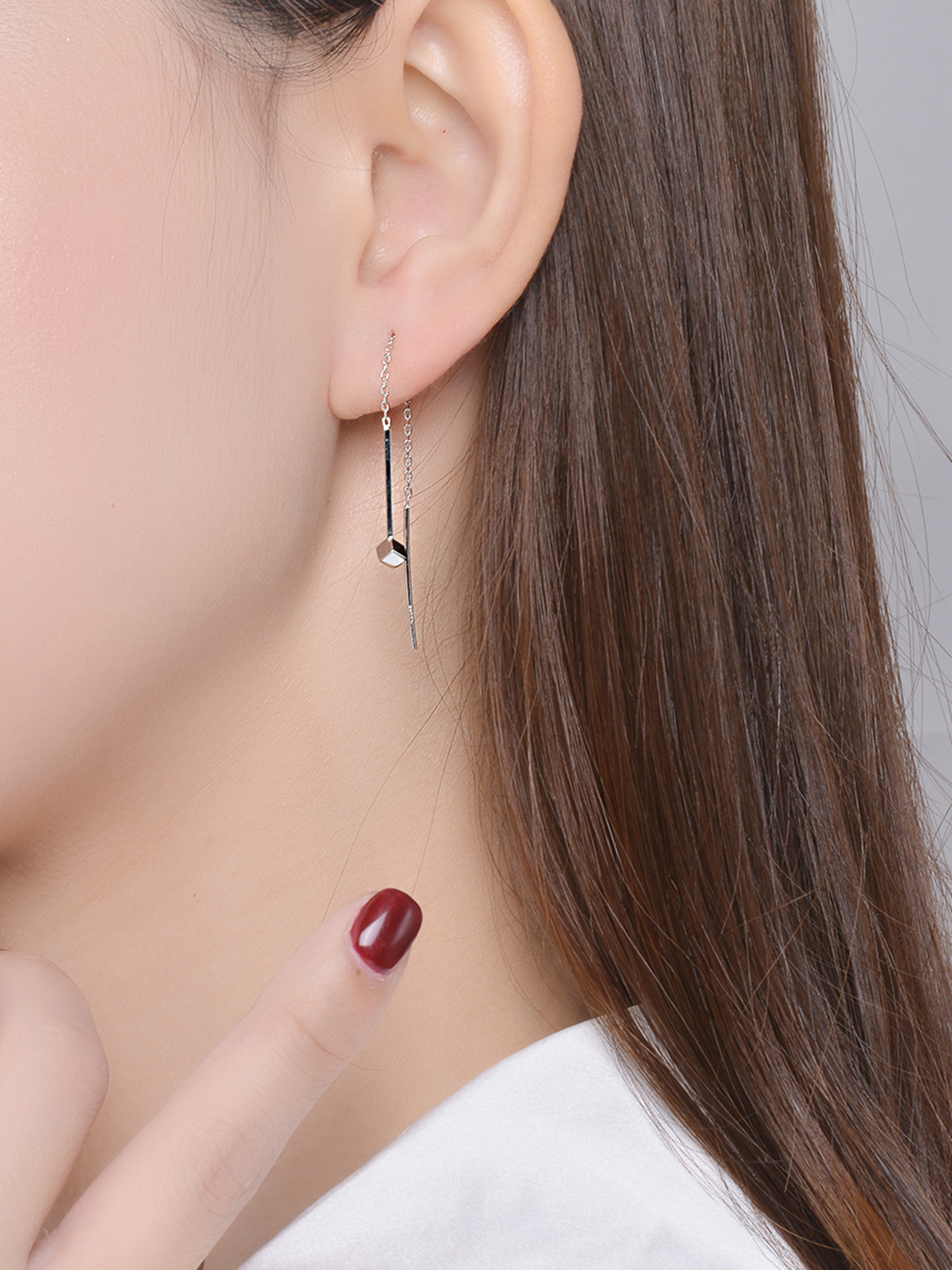 释爱s925纯银耳饰批发 韩版时尚立体方块几何百搭超仙长款耳线