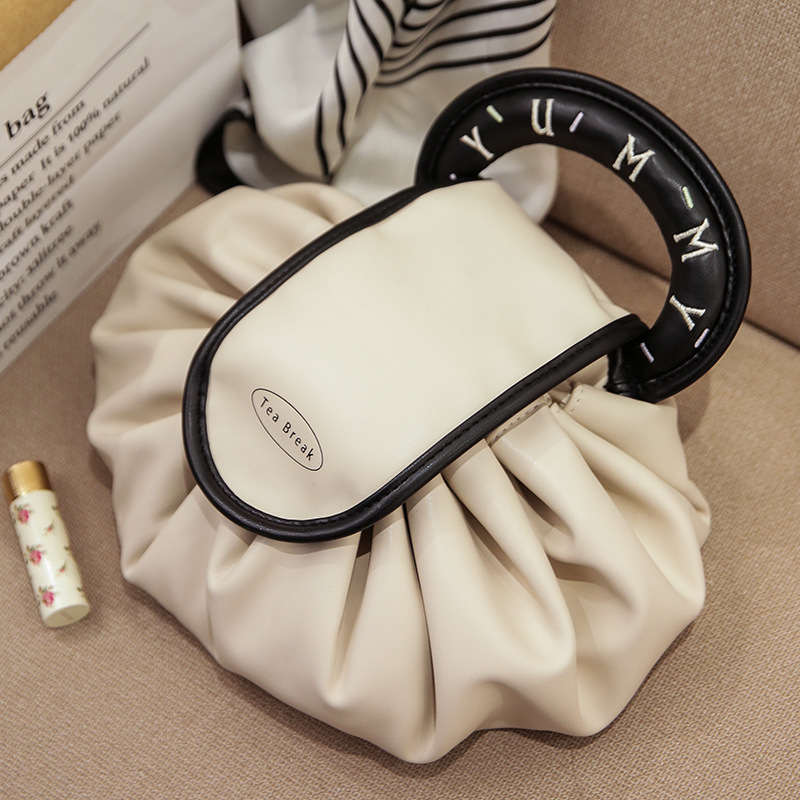 Lazy Cosmetic Bag Women's Portable Large Capacity Travel Buggy Bag Drawstring Bundle Skin Care Wash Bag Bottles Leather