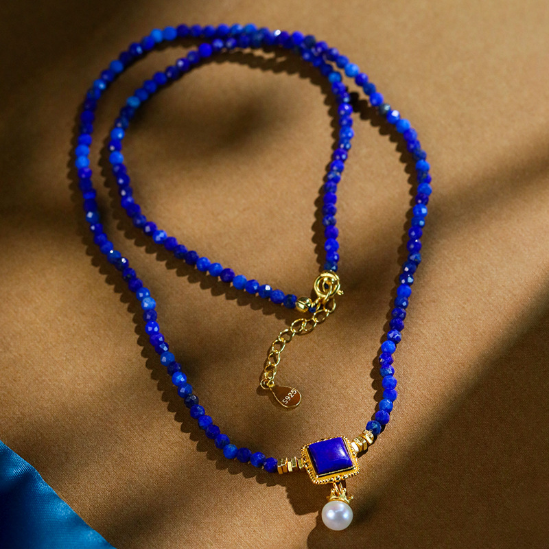 阿富汗青金石切角小米珠搭配珍珠皇冠配饰小滴溜diy项链 原创设计