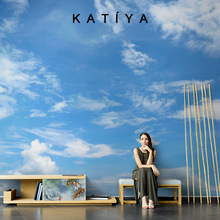 Katiya美式手绘天空壁纸网红蓝色客厅电视背景墙壁画无缝沙发墙布