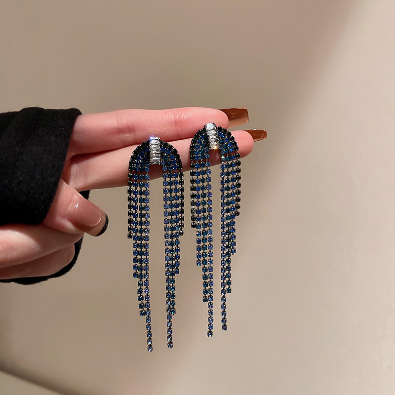 Silver Needle Vintage Blue Diamond High-Grade Flower Feather Tassel Earrings Korean Style Personalized Earrings New Earrings for Women