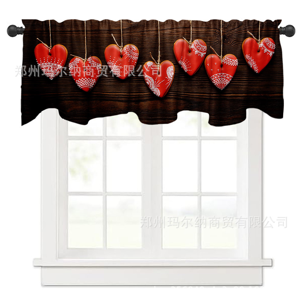 数码印花半遮光窗幔挂帘木板红色爱心亚马逊跨境外贸装饰新品热卖