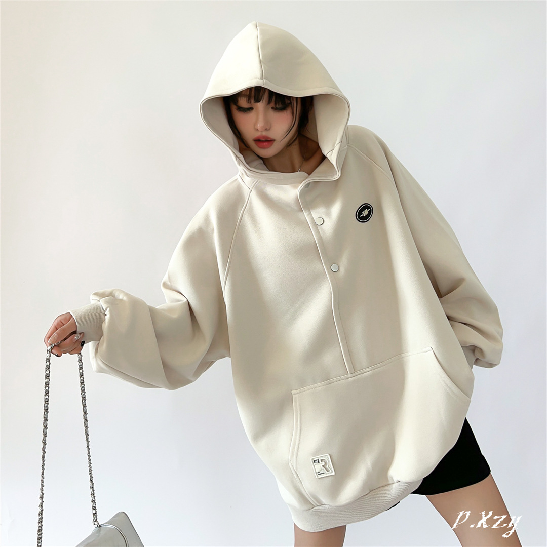 hy 秋季卫衣2024年新款学生中长款女式连帽卫衣纽扣袋鼠兜帽衫女
