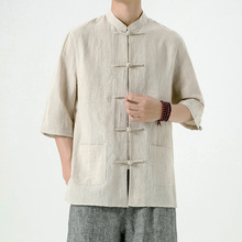 衬衫男士的新中式盘扣中国风短袖搭配立领衬衣夏季痞帅中袖莱德