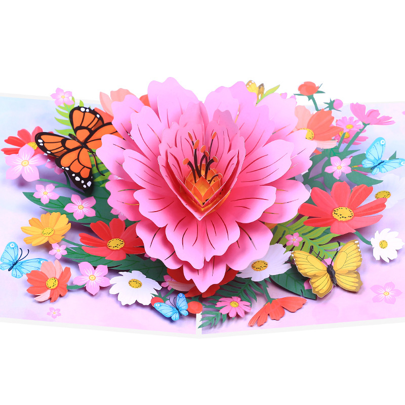 香氛香味3D立体贺卡创意粉色花束花朵蝴蝶花卉节日礼物感谢通用卡