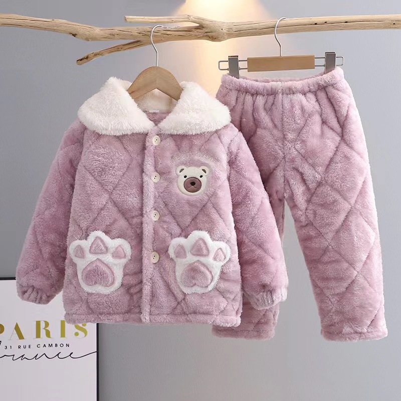 Winter New Child Clip Cotton Pajamas Flannel Boys' Thickened Suit Coral Fleece Warm Girls' Home Wear