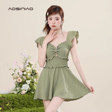 奥思鸟连体泳衣女保守女士温泉泳装绿色高级感2024新款游泳衣批发