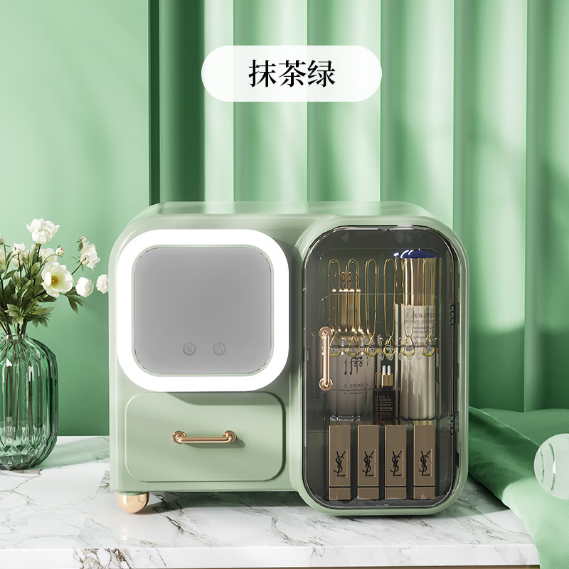 Led Makeup Storage Box Dustproof Skin Care Products Dresser Table Jewelry Integrated Storage Rack with Mirror Cosmetic Case