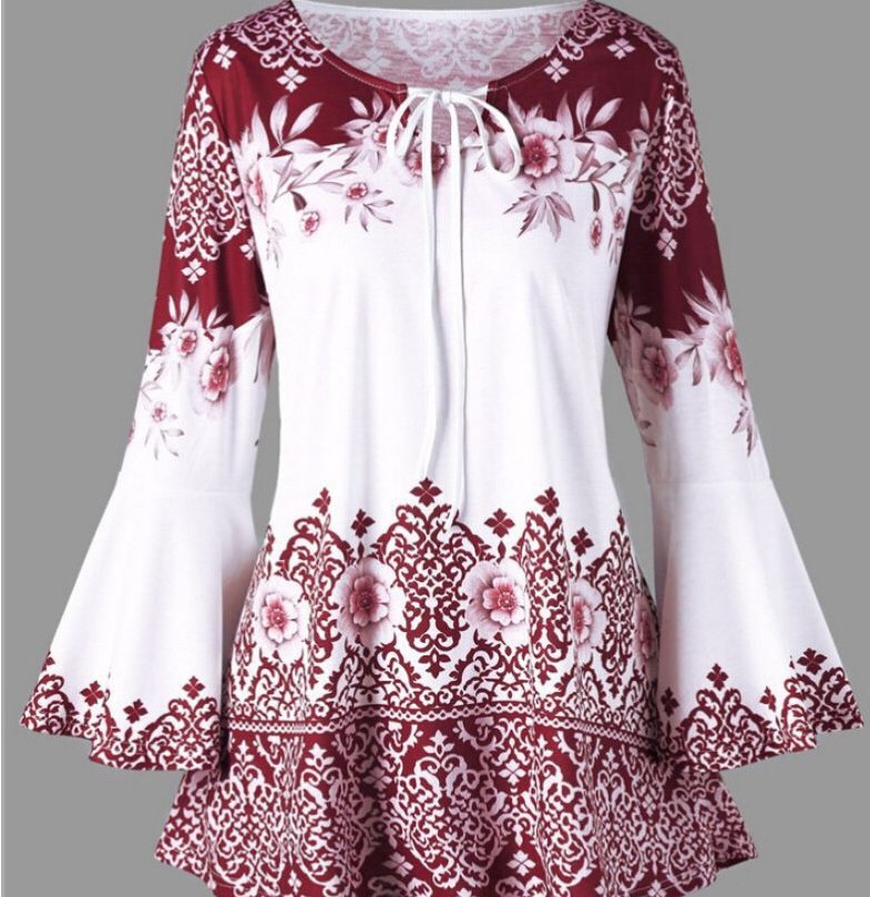 2023 European and American New Amazon Women's Clothing Printing Long Horn Sleeve Lace-up T-shirt Slim Long Sleeve plus Size Women's Clothing Women Clothes