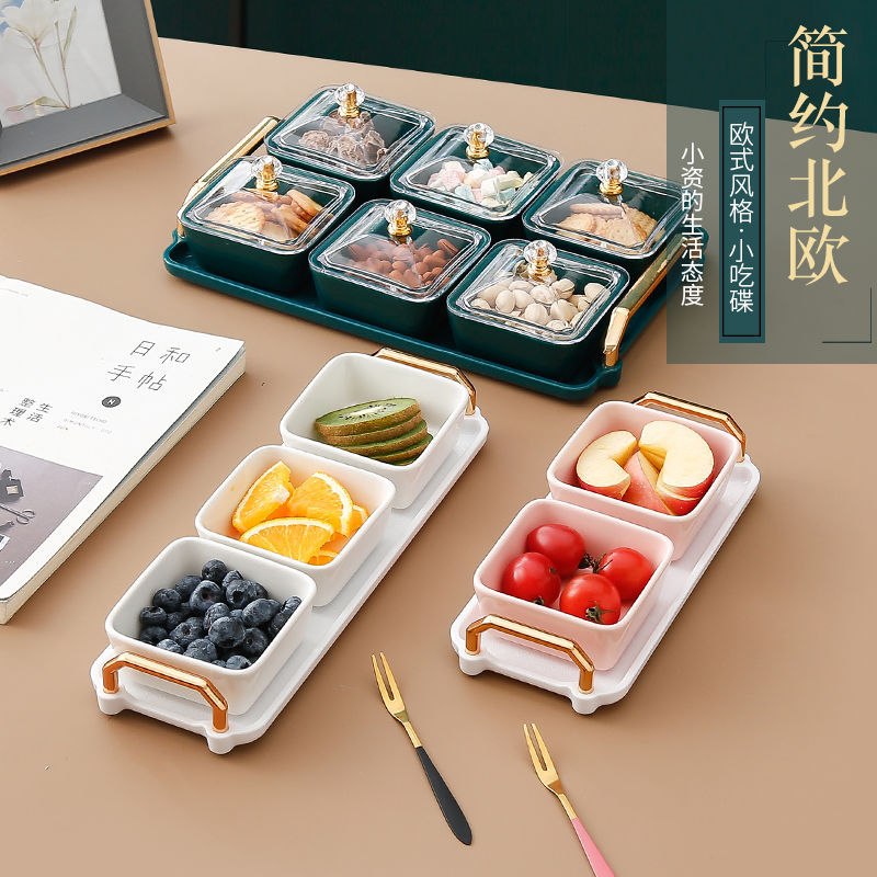 Light Luxury Ceramic Fruit Plate Compartment Creative Home New Year Snack Dish Dried Fruit Snack Dish Candy Dessert Solid Color Cover